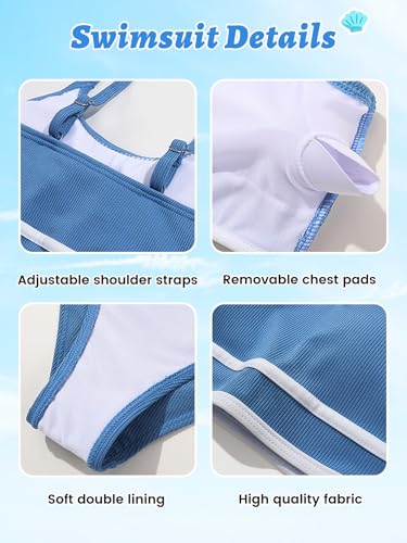 Image of Girls 2 Piece Swimsuit Ribbed Bathing Suits Color Block Adjustable Strap Bikini Set for Teens Girls Swim Suit