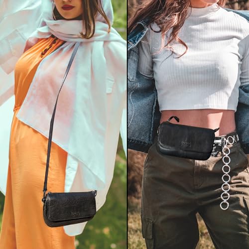 Image of Leather Wallet for Women - Washed Leather Crossbody RFID Protecting Card Holder Travel Shoulder Purse Waist Bag for Ladies (Black)
