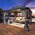 YOLENY 10' x 12' Hardtop Gazebo, Permanent Outdoor Aluminum Patio Gazebo with Aluminum Composite Double Roof for Patio Lawn and Garden, Curtains and Netting Included