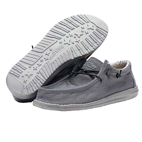 HEYDUDE Men's Wally Stretch Carbon Size 9 | Men’s Shoes | Men's Lace Up Loafers | Comfortable & Light-Weight