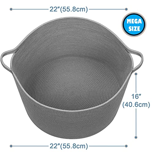 Bambiso Cotton Rope Basket Mega Size 22"X22"X16" For Blanket Fabric Storage Laundry Baskets, Toys Bin, Nursery Organizer Or Hamper, Floor Decor Basket (Dark Grey) #TOP1