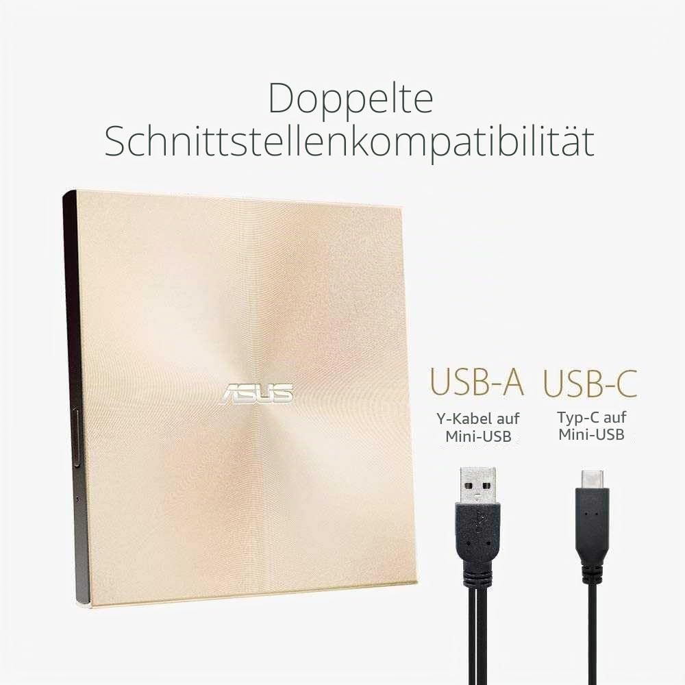 ASUS ZenDrive U9M Schwarz – USB 2.0/USB-C Slim Externer DVD-Brenner Optische Disc 8X Speed Re-Writer-Laufwerk mit M-Disc-Unterstützung, USB 2.0 Typ-A/Typ-C-Kompatibilität, Mac/Windows OS kompatibel