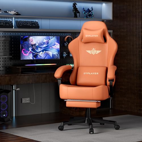 Image of GTPLAYER Gaming Chair with Pocket Spring Cushion, Big and Tall Gamings Chairs 350LBS High Back Computer Chair with Footrest for Adults Lumbar Support Swivel Game Chair for Office, Leather Orange