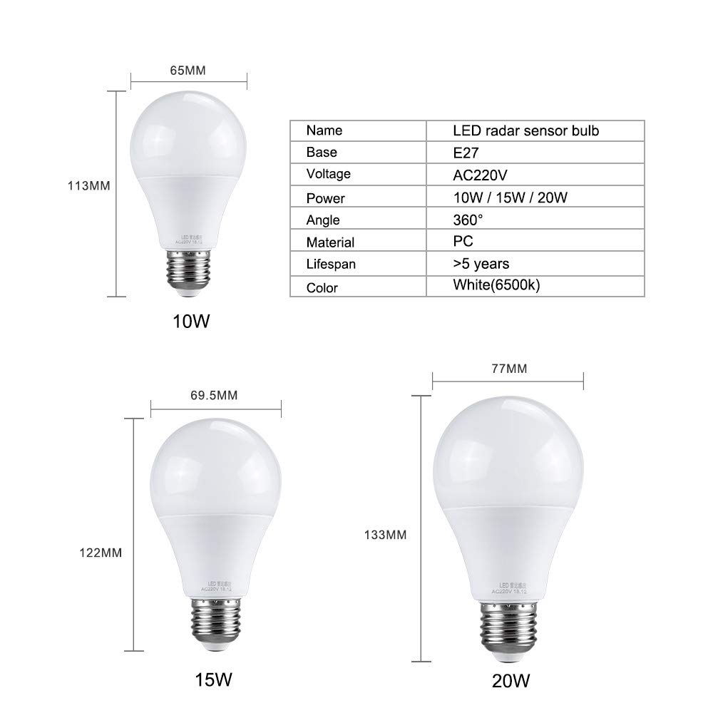 fengyan Casa Bombillas, Paquete de 10, lámpara LED con Sensor de Radar Inteligente AC220V E27 10W/15W/20W Didoe Spotlight Bombilla de Apagado/Encendido automático Familiar Lámpara(15W Cool White)