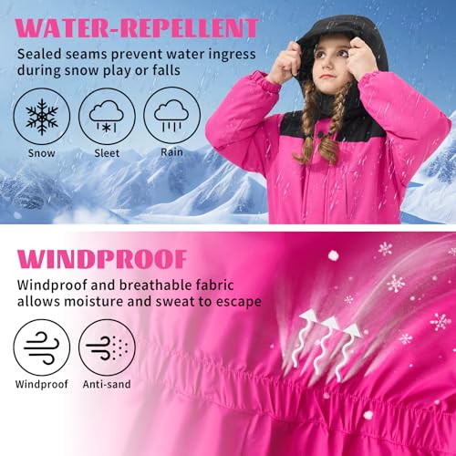 Owntop Schneeanzug Kinder - Leichter Schneeoverall Mädchen Jungen, Wasserdicht Winddicht Skianzug für Kinder mit Abnehmbare Kapuze, Verdickt Warm Skioverall (Rosa,110)