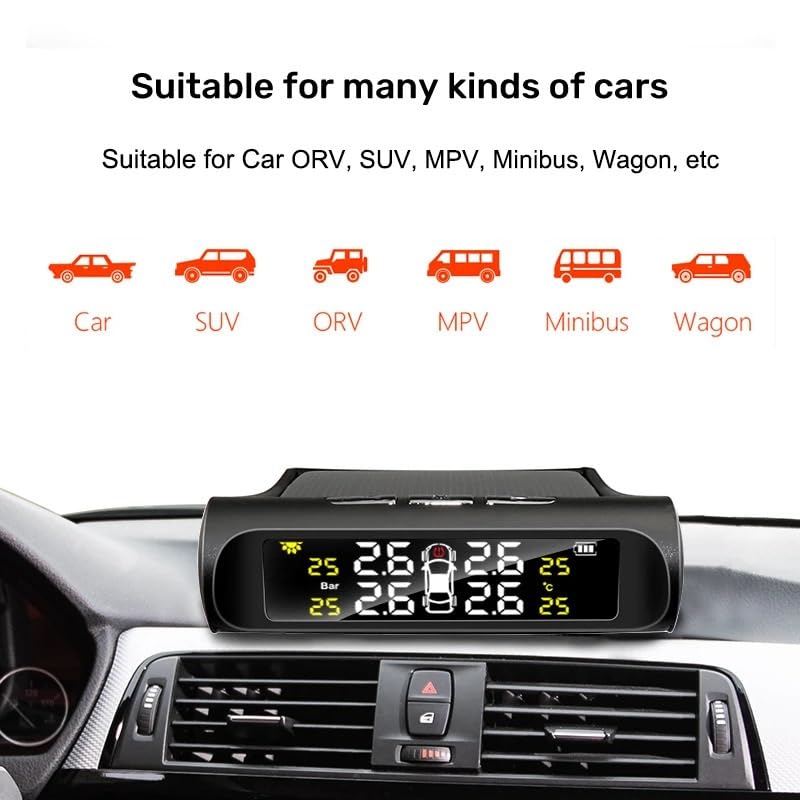 Tpms Sistema di monitoraggio della pressione degli pneumatici for auto a energia solare Sistemi di allarme di sicurezza for auto Avviso di temperatura della pressione degli pneumatici Pressione Pneuma