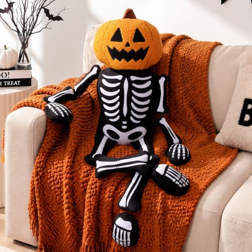 Bunny Chorus Halloween Pumpkin Skeleton Throw Pillow Pumpkin Head Skeleton Stuffed Decorative Pillow for Couch Sofa Bed Cute Spooky Halloween Plush Pillow Home Decor Party Decorations 39 x 19