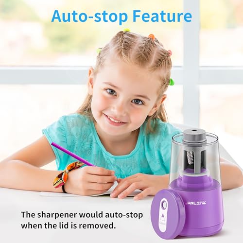 JARLINK Electric Pencil Sharpener, Heavy-Duty Helical Blade to Fast Sharpen, Auto Stop for No.2/Colored Pencils(6-8mm), AC Adapter/Battery Operated in School Classroom/Office/Home (Purple) - Image 8