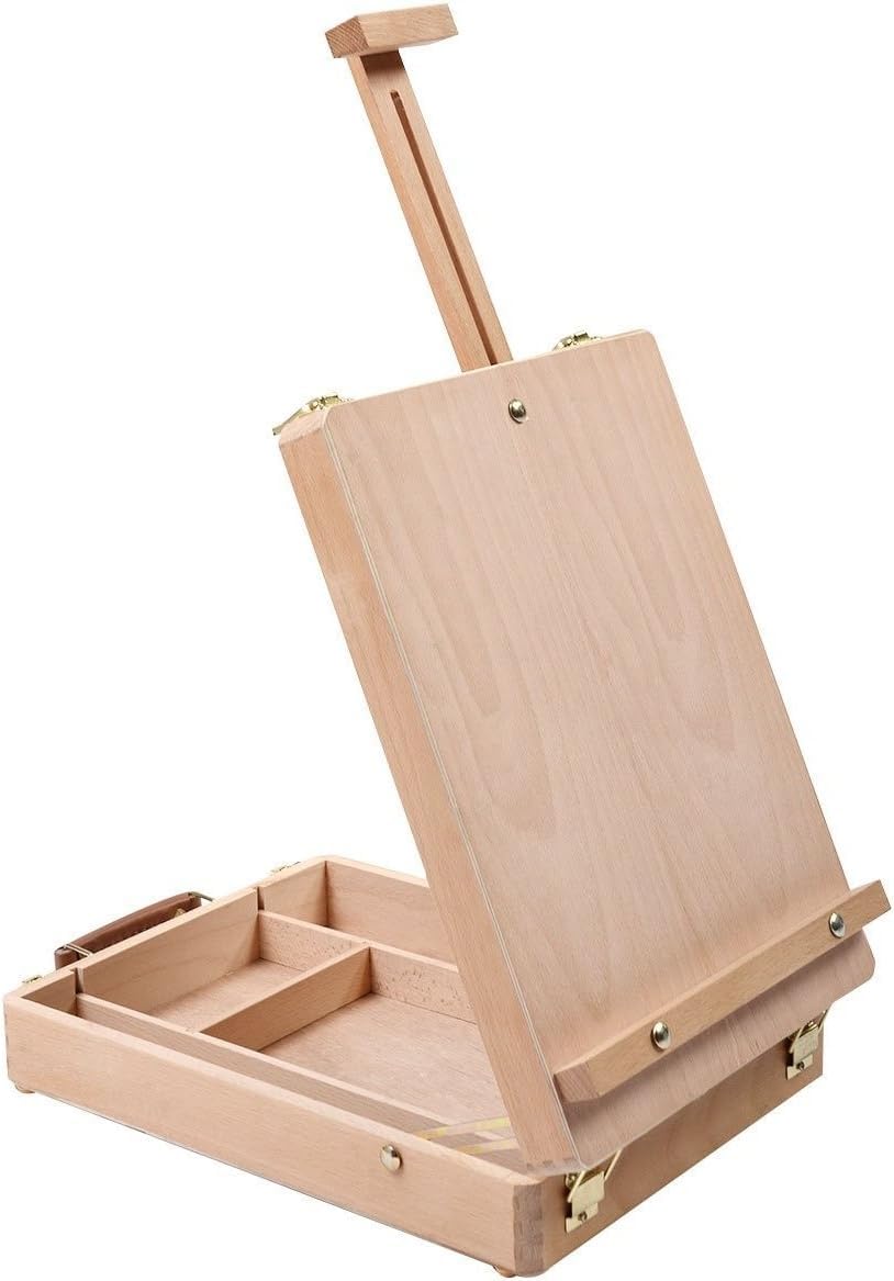 Artists Wooden Table Easel Storage Box – Large Beechwood Tabletop Display Easel with Adjustable Angle – Portable Art Box with Storage for Canvas up to 55cm