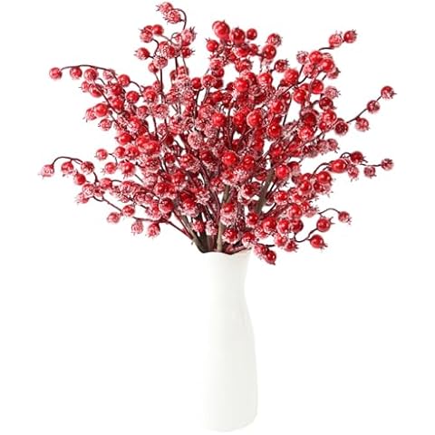 Frosted Red Berry Stems, 6 Pack 17" Long Artificial Snowy Christmas Red Berries Red Berry Picks Winter Holly Berry Branches for Christmas Tree Fillers DIY Crafts Floral Arrangements Holiday Vase Decor Cover