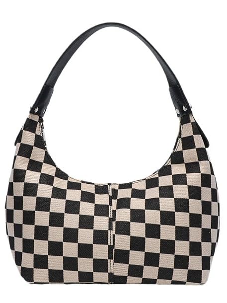 Black and White Checkered Bag PU Leather Hobo Handbag Checkered Purse Crescent Bag 2025