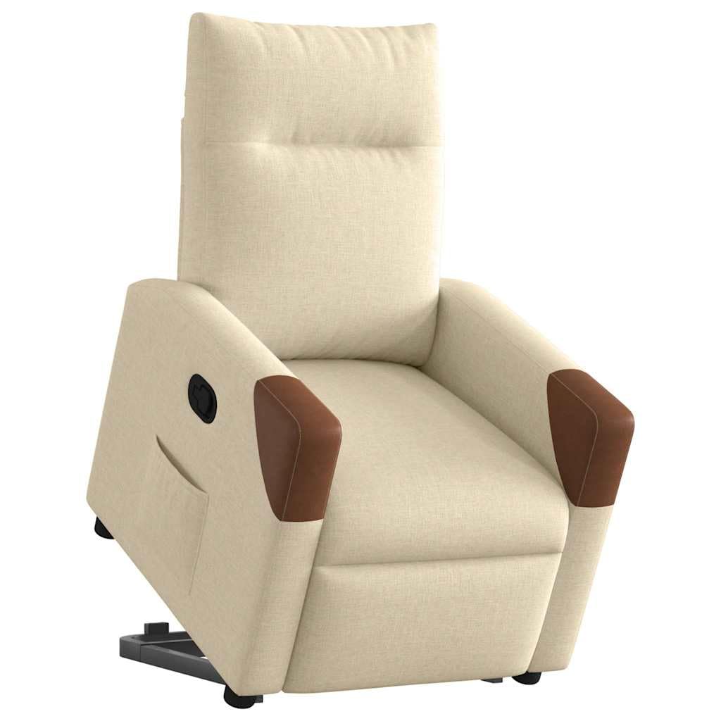 Sillón elevador eléctrico reclinable de tela color crema con función de elevación automática y reclinación manual a 135 grados, estructura estable de madera y metal, bolsillo