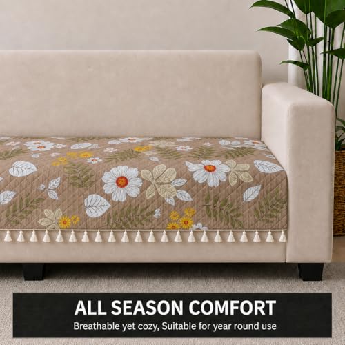 Image of STITCHNEST 'Frostvine Collection' 1 Seater Sofa Cover| Cotton Quilted Fabric, Decorative Tassels, Washable & Durable for Modern Living