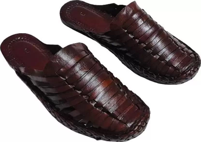 QADUMI Men Royal & Traditional Style Leather Ethnic Brown Kolhapuri Chappals/Sandals/Mojaris (Brown)-picture-15
