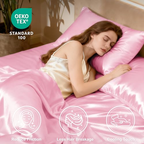 Image of Love's cabin Twin Satin Sheets Sets - 3 Piece Pink Silky Bed Sheets with Deep Pockets, Luxury Silk Feel Satin Twin Size Sheet Set Bedding Set (1 Flat Sheet,1 Fitted Sheet,1 Pillow case)