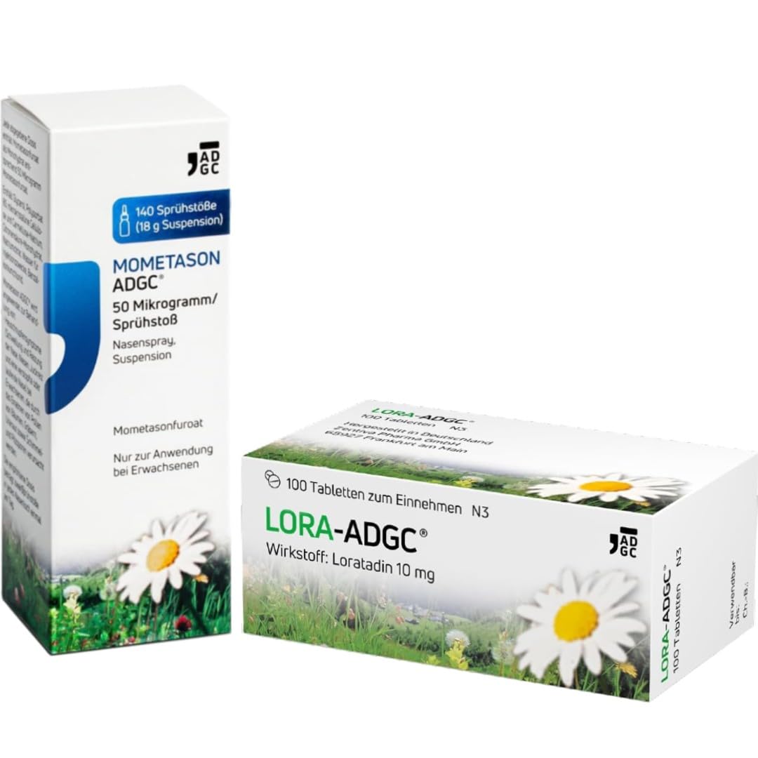 LORA-ADGC 100 Stück & MOMETASON-ADGC 18g - Antiallergikum mit gut verträglicher und langanhaltender Wirkung und Heuschnupfenspray zur Linderung von Symptomen wie verstopfter, laufender Nase und Niesen