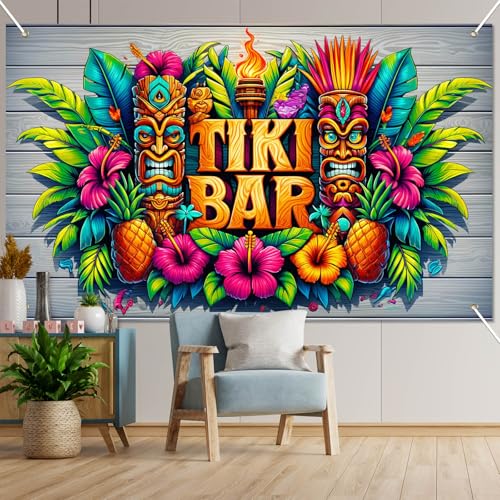 Image of BlissYard Luau Party Decorations Hawaiian Tiki Bar Banner 71 x 43 Inch Tiki Party Decorations Aloha Banner Luau Decor Tiki Bar Backdrop with Tiki Masks Flowers for Summer Beach Wall Decor