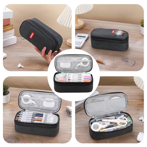 Image of Large Pencil Bag for Boys Teens Kids School Zipper Pencil Pouch Black | Organizer Aesthetic Pencil Case Big Stationery Pencil Box for School Office, Wear-resistant Fabric, Large Capacity Design