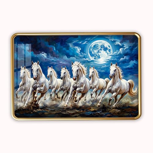 Image of Dharvika Innovations 7 Running Horses Photo Frame, Ultra High Gloss Lamination, Vastu Painting for Living Room, Office, 12x18 Inch (Design 13)