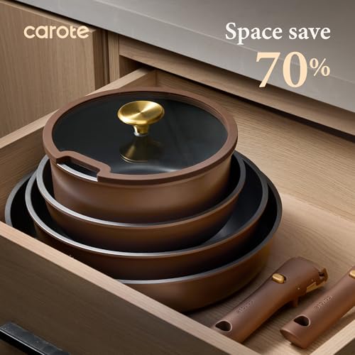 Image of CAROTE 21pcs Pots and Pans Set, Nonstick Cookware Set Detachable Handle, Induction Kitchen Cookware Sets Non Stick with Removable Handle, RV Cookware Set, Oven Safe, Brown
