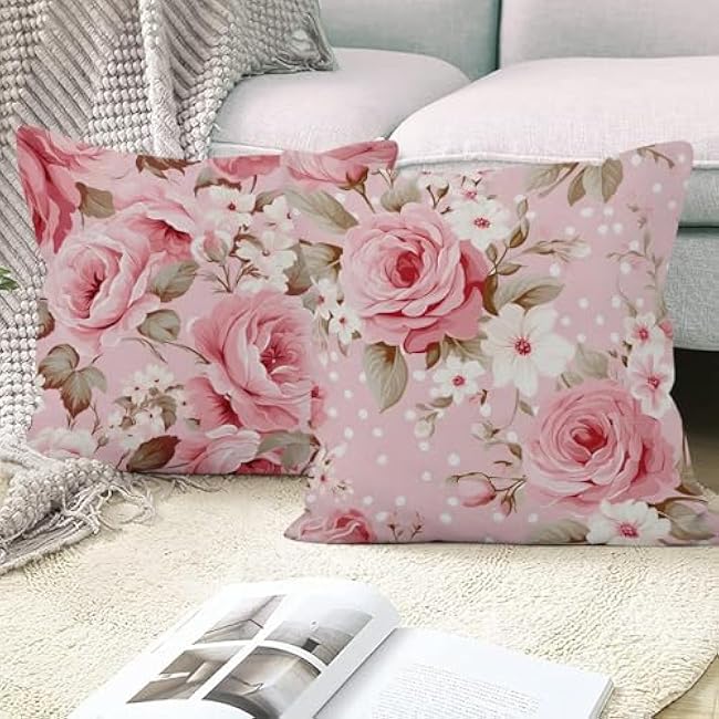 4 Pcs/Set Rose Flowers Pillow Covers Summer Floral Green Leaves Pink Flowering Shrub Natural Scenery Watercolor Romantic Linen Cushion Case for Outdoor Couch Sofa Bedroom, 16x16