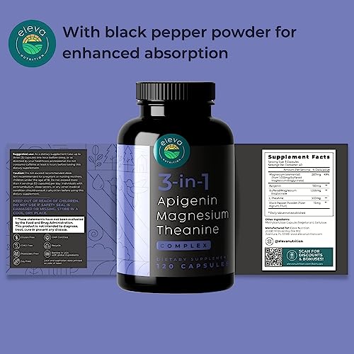 Eleva Nutrition Apigenin Theanine Magnesium Bisglycinate 3-in-1 Complex Supplement Support Relaxation - Made in The USA - Zero Fillers - Gluten Free & Non-GMO - 120 Veggie Capsules - Image 5
