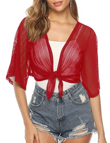 Image of iClosam Women Tie Front Chiffon Shrug Short Sleeve Cropped Sheer Bolero Shrug Cardigan