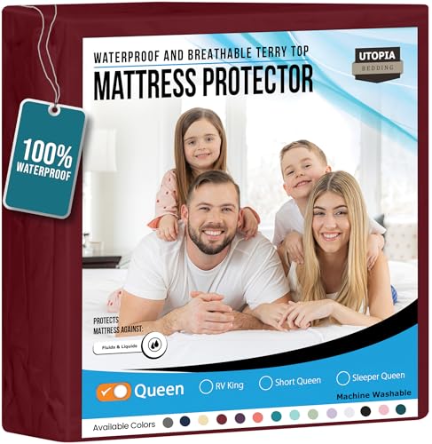 Utopia Bedding Waterproof Mattress Protector Queen Size, Premium Terry Mattress Cover 200 GSM, Breathable, Fitted Style with Stretchable Pockets (Burgundy)