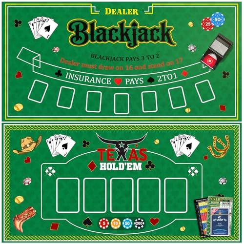 Sovvitte 2-in-1 Double Sided Felt Casino Mat 35 x 70 Inch Large Poker Table Cover Professional for Texas Holdem & Blackjack with Instruction Booklet (Blackjack & Texas Holdem)