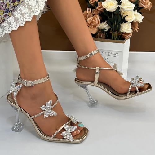 Women's Ankle Strap Sandals Rhinestone Crystal Butterfly Heels Open Square Toe Chunky Block High Heels Shoes4