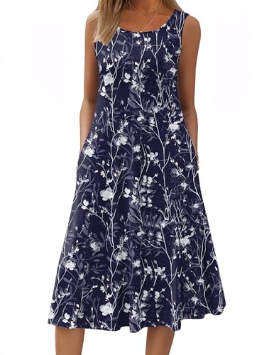 Image of HOTOUCH Summer Casual Dresses for Women Sleeveless Midi Dress Swing Tank Sundress Pleated Tshirt Dress with Pockets