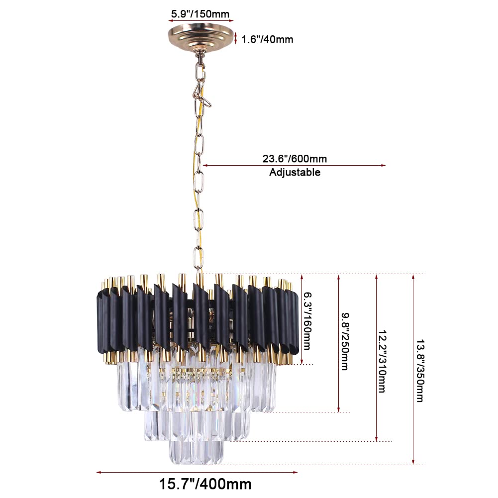 FRIXCHUR Moderne Kristall Kronleuchter 3-Tier Kristall Kronleuchter Licht 15,7 '' Schwarz und Gold Pendelleuchten für Wohnzimmer Küche Insel Foyer E14x5 Glühbirne (nicht enthalten Glühbirne)…