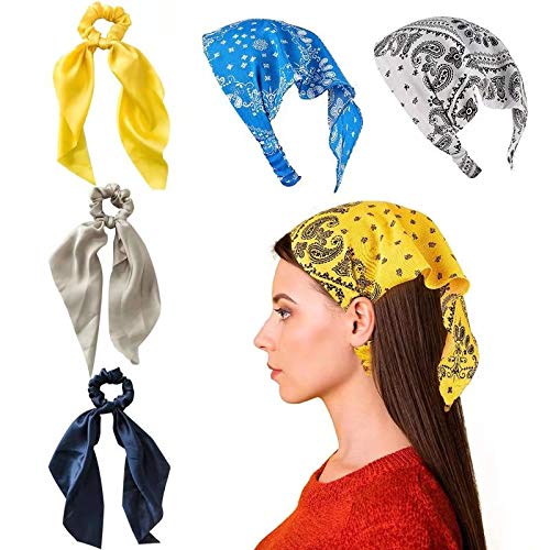 6 Pcs Hair Scrunchies +Elastic Hair Scarf Headbands/ Satin Silk Elastic Hair Bands +Retro Boho Hair Bandanas for Women Girls/ Hair Accessories