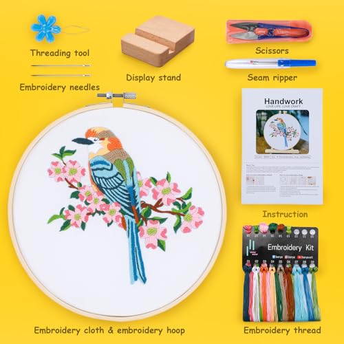 Image of Hummingbird and Flower Embroidery Kit for Adults, DIY Embroidery Kits with Original Design Patterns, Learn to Embroider Kit Beginner with Needles and Thread, Clear Instructions and Video (BEB001)