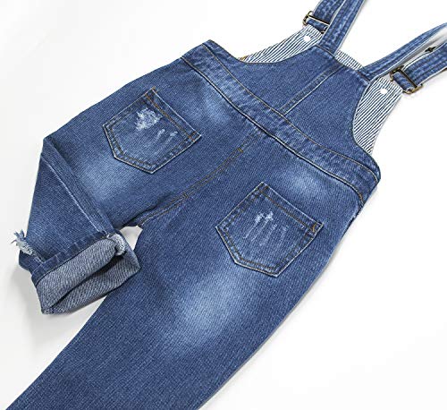 Image of Kidscool Space Baby & Little Kids 3 Side Buttons Striped Lining Ripped Fashion Jeans Overalls