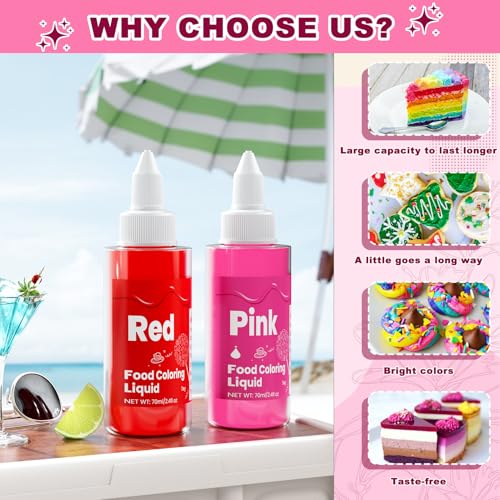 Image of Food Coloring Liquid -10 Colors x 70ml Food Dye Set, Large Capacity Vibrant Edible Paint for Frosting, Cake Decorations, Easter Egg, Baking, Fondant, Slime Making Kit, Easy to Use - 24 Fl. oz