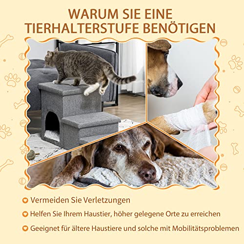 PawHut Hundetreppe 3 Stufen 40,5 cm Hoch Haustiertreppe mit Höhle Kissen Stauraum Katzentreppe für Kleine Hunde Hunderampe mit Waschbar Bezug Einstiegshilfe für Bett, Sofa, Couch und Auto Hellgrau
