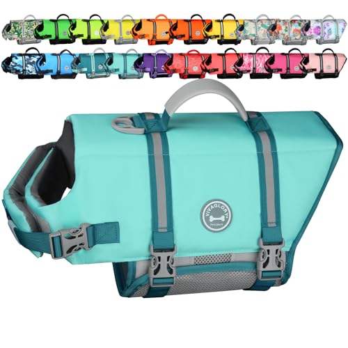 VIVAGLORY Rip Stop Dog Life Vest, Swimming Vest with Handle, Buoyancy for Doggy Puppy, Dog Life Jacket for Swimming & Boating, S, Cyan