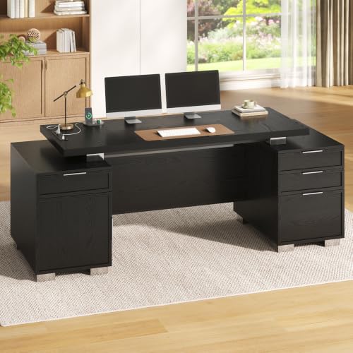 ANGRYWIN 80.6 Executive Desk with Power Outlet and File Drawer Modern Home Office Desk with 3 Large Cabinets and Privacy Panel Business Furniture for Home Office Living Room Black