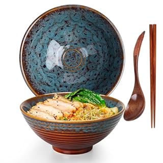 TuYines Ceramic Ramen Bowl, Ramen Bowl Set, Japanese Ramen Bowl with Spoon & Chopsticks, 1200 ml Soup Bowls, SaladBowl (Style A)