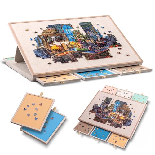 Yesday 1500 Piece Jigsaw Puzzle Board with Cover with Cover, 3-Tilting-Angle Puzzle Plateau, Super Lightweight Portable Felt Puzzle Board with 6 Sorting
