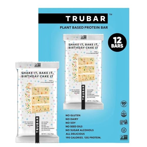 TRUBAR Vegan Protein Bar Shake it Bake it Birthday Cake it Gluten Free Plant Based Protein Dairy Free Non GMO Soy Free No Sugar Alcohols 12G Protein 12G Fiber 23G Carb Snack Bars 12ct