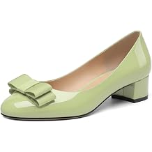KUOARN Chunky Heels for Women Round Closed Toe 1.4 Inch Low Heel Dress Shoes Bow Slip On Pumps Comfortable Heels for Wedding, Work, Office & Party