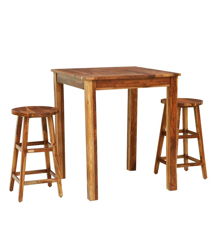 Image of Sheesham Wood Bar Counter with 2 Stools /High Bar Dining Table 2 Seater (Solid Sheessham Wood, 2 Seater, Rustic Teak Finish)