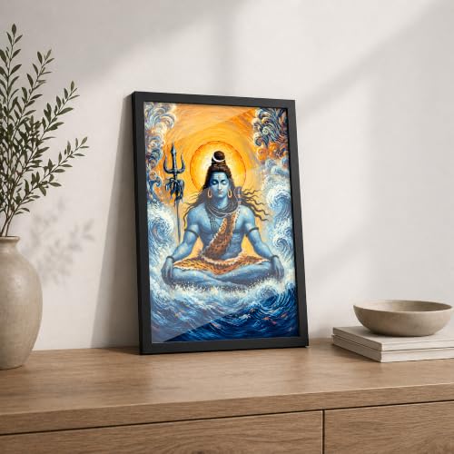 Image of Lord Shiva Premium Framed Wall Poster (12x18 Inch) | Shiva Meditation Wall Art | Hindu Spiritual Decor with Trishul & Ocean Waves for Puja Room, Bedroom, Living Room & Meditation Space