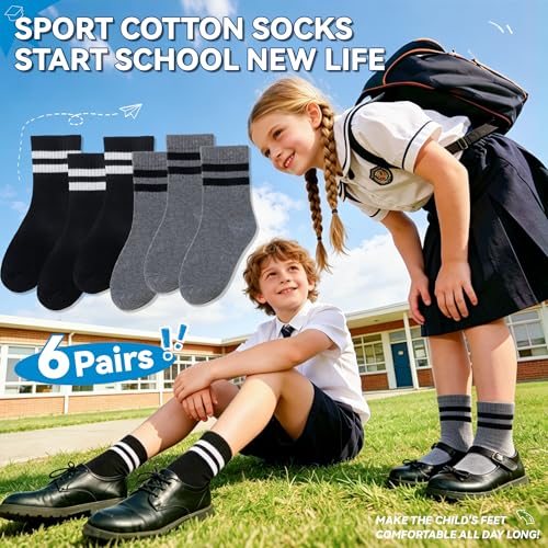 Image of Eyean Kids Athletic Crew Socks Boys Girls Cotton School Uniform Casual Basic Socks 6 Pairs