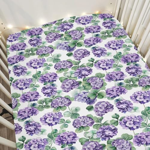 Image of Purple Wildflowers Watercolor Baby Crib Sheets for Boy Girl 28"x52" Retro Hydrangea Floral Leaves Soft Snug Fitted Crib Mattress Cover Spring Garden Baby Sheet for Standard Crib & Toddler Mattress
