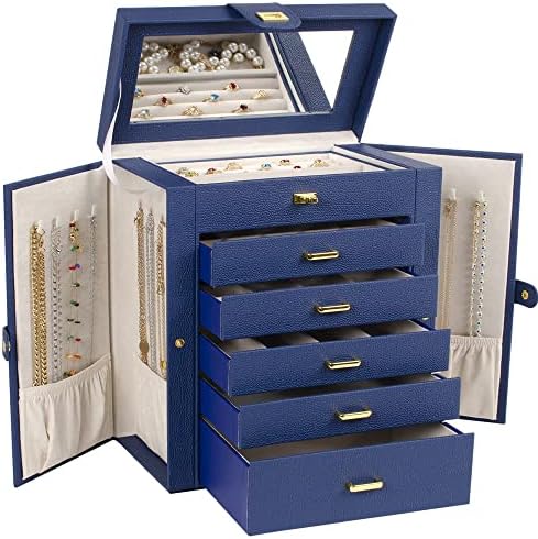AKOZLIN Large Jewelry Box Organizer Functional Lockable with Big Mirror, Leather Jewelry Storage Case for Women Girls Ring Necklace Earring Bracelet Holder Organizer Blue