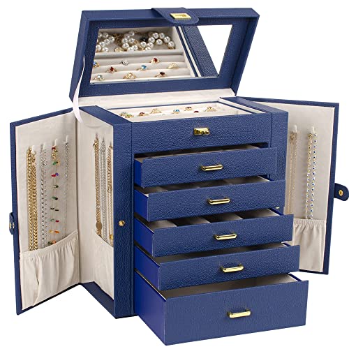 Akozlin Large Jewelry Box Organizer Functional Lockable With Big Mirror, Leather Jewelry Storage Case For Women Girls Ring Necklace Earring Bracelet Holder Organizer Blue #TOP29