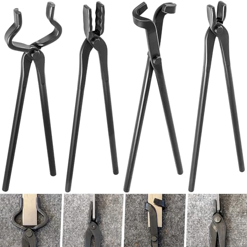 Blacksmith Forging Tongs Knife Making Tongs Set Fire Tongs Anvil Blacksmithing Tongs Forge Tools Includes Flat Tongs, Wolf Jaw Tongs, Blade Tongs & V-Bit Tongs(4 Tongs)